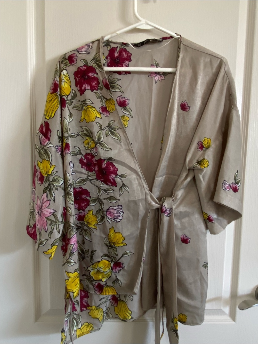 Zara Basic Floral Satin Wrap Kimono Blouse - Taupe with Yellow & Magenta Flowers